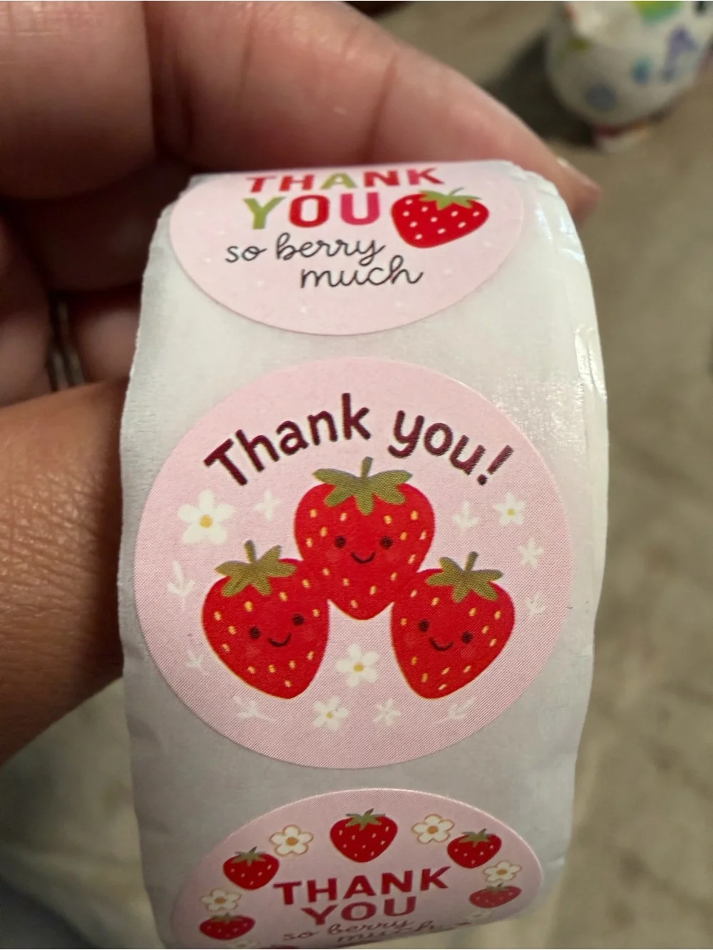 200 Thank You Strawberry Round Sticker Labels - Pink